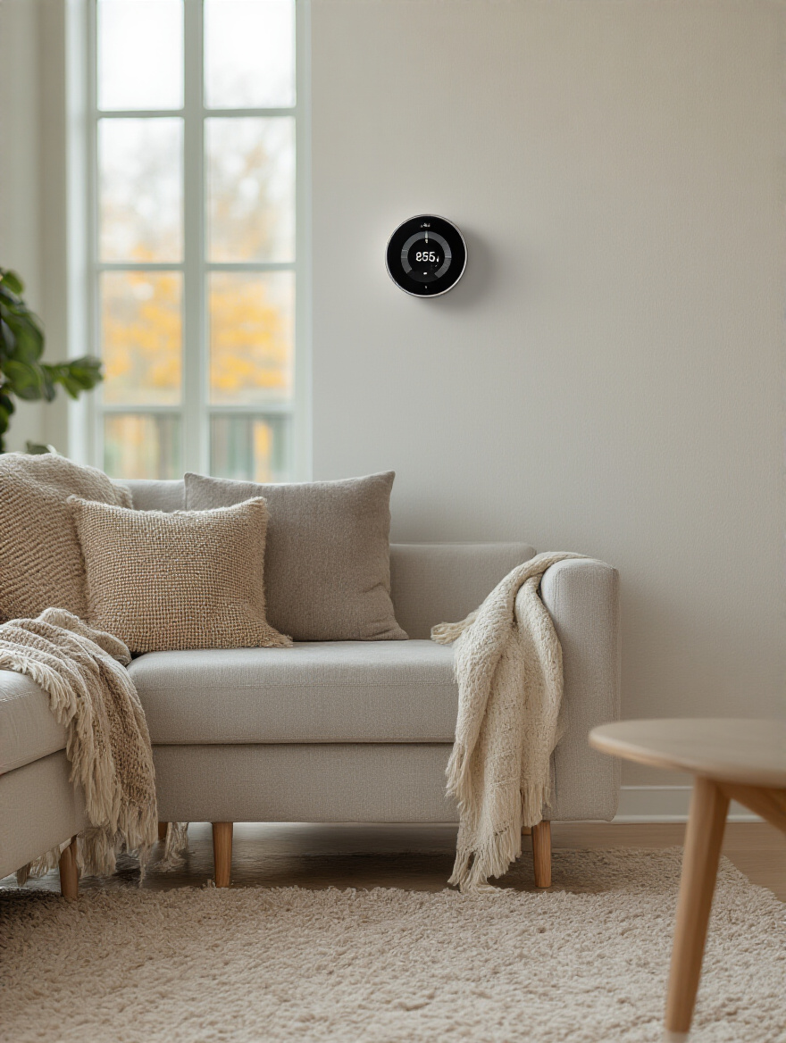 Portrait of a cozy living room with a wall-mounted smart thermostat (display off)