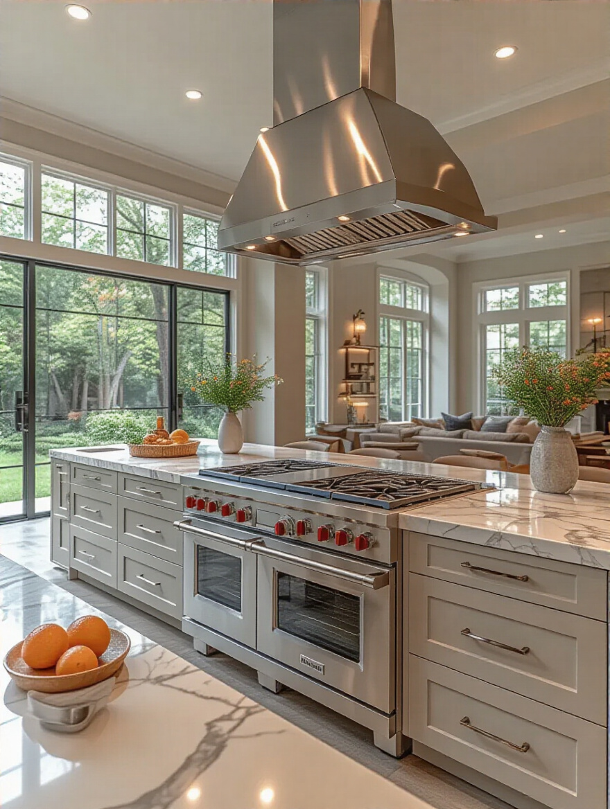 Portrait view of a luxury kitchen highlighting a state-of-the-art ventilation system and ducted hood.