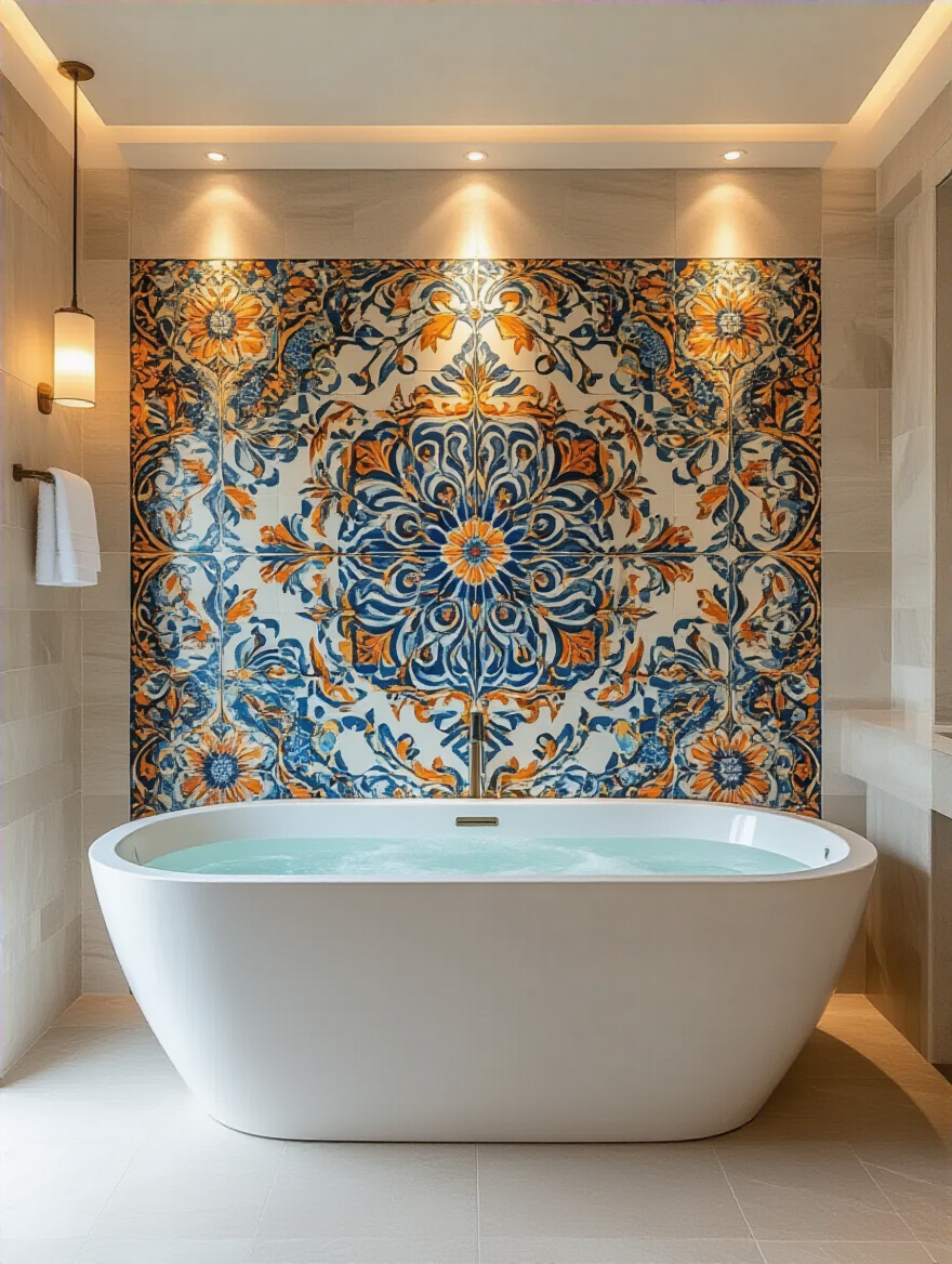 Artistic statement feature tile mural on bathroom wall behind a freestanding tub