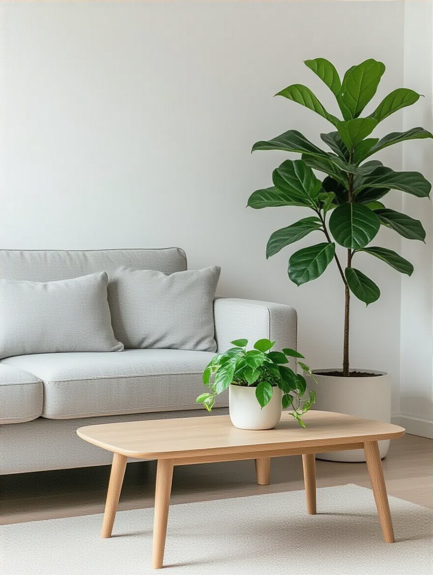 Serene living room with subtle greenery, a light grey sofa, and natural wood coffee table, featuring a potted Fiddle Leaf Fig and smaller Pothos plant.