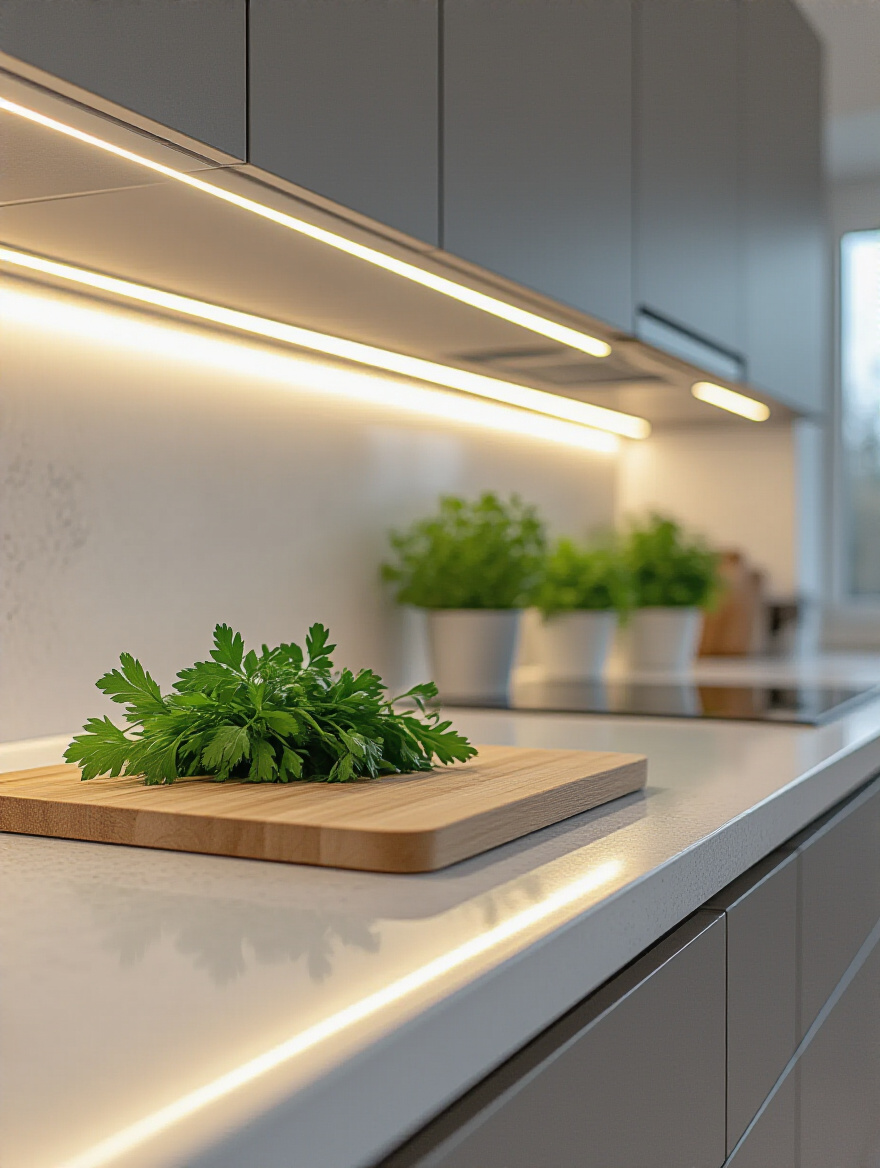 Modern kitchen showing under-cabinet LED task lighting illuminating a spacious, clean countertop for enhanced visibility and safety during food preparation.