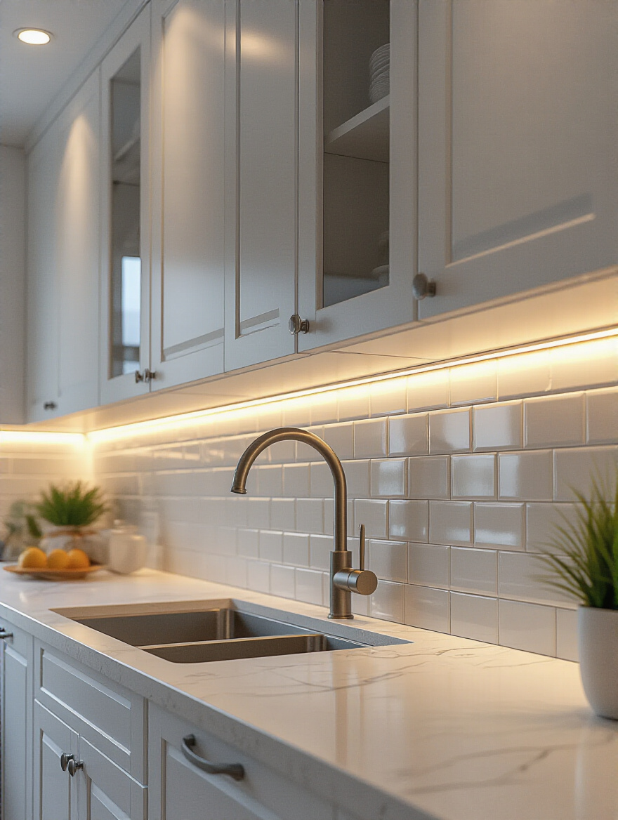 Shadow-free countertop under-cabinet lighting in a modern kitchen
