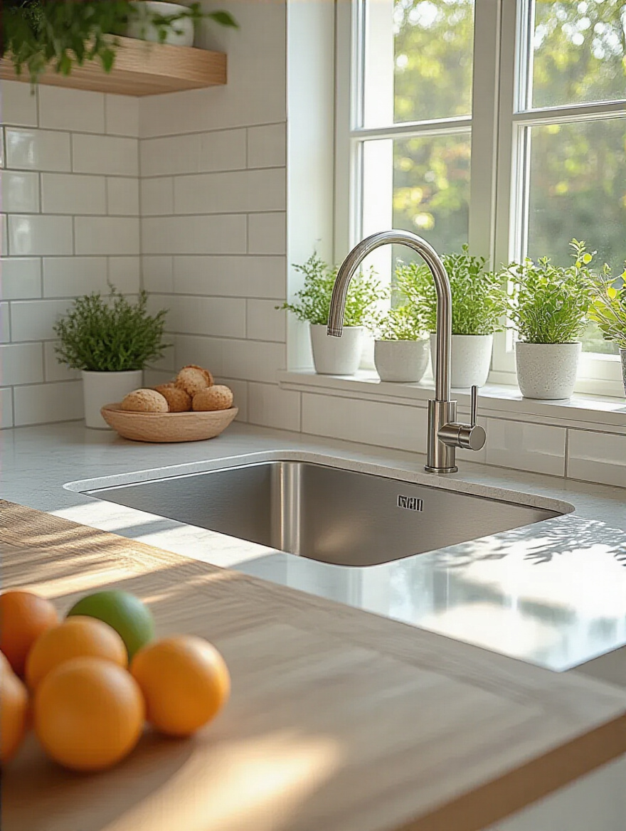 A modern small kitchen features a gleaming stainless steel undermount sink set into a pristine white quartz countertop, creating an unbroken and expansive food prep area.