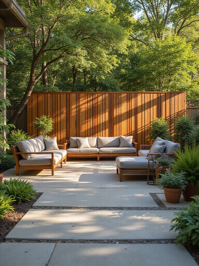 Modern slatted cedar privacy screen creating a secluded patio space with lush green plants under soft afternoon light.