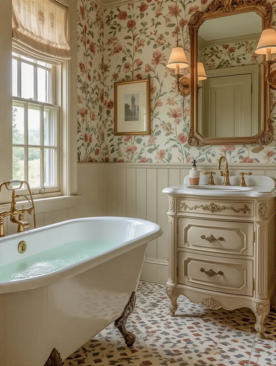 Vertical shot of a vintage-inspired bathroom with cohesive wallpaper and brass fixtures