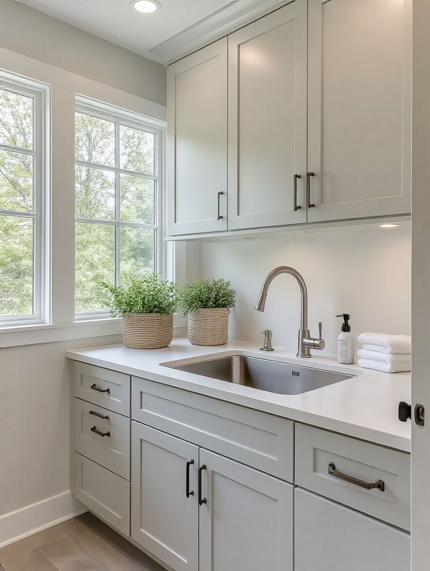 Portrait view of a modern laundry room with an integrated utility sink