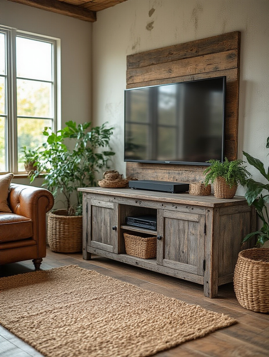 Rustic living room featuring a weathered wood TV console with integrated media storage