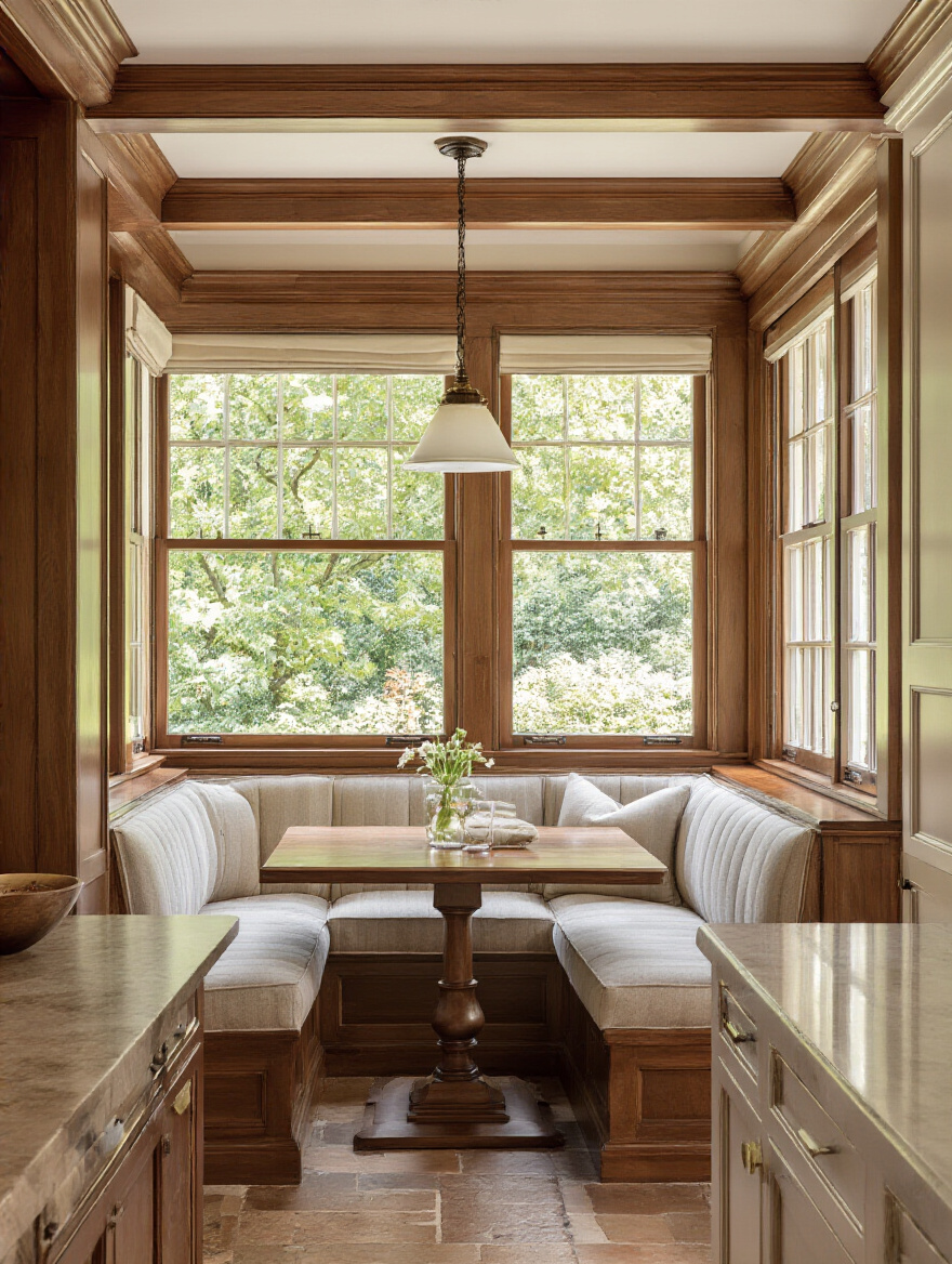 Portrait view of a built-in banquette in a traditional kitchen with warm wood tones and upholstered cushions