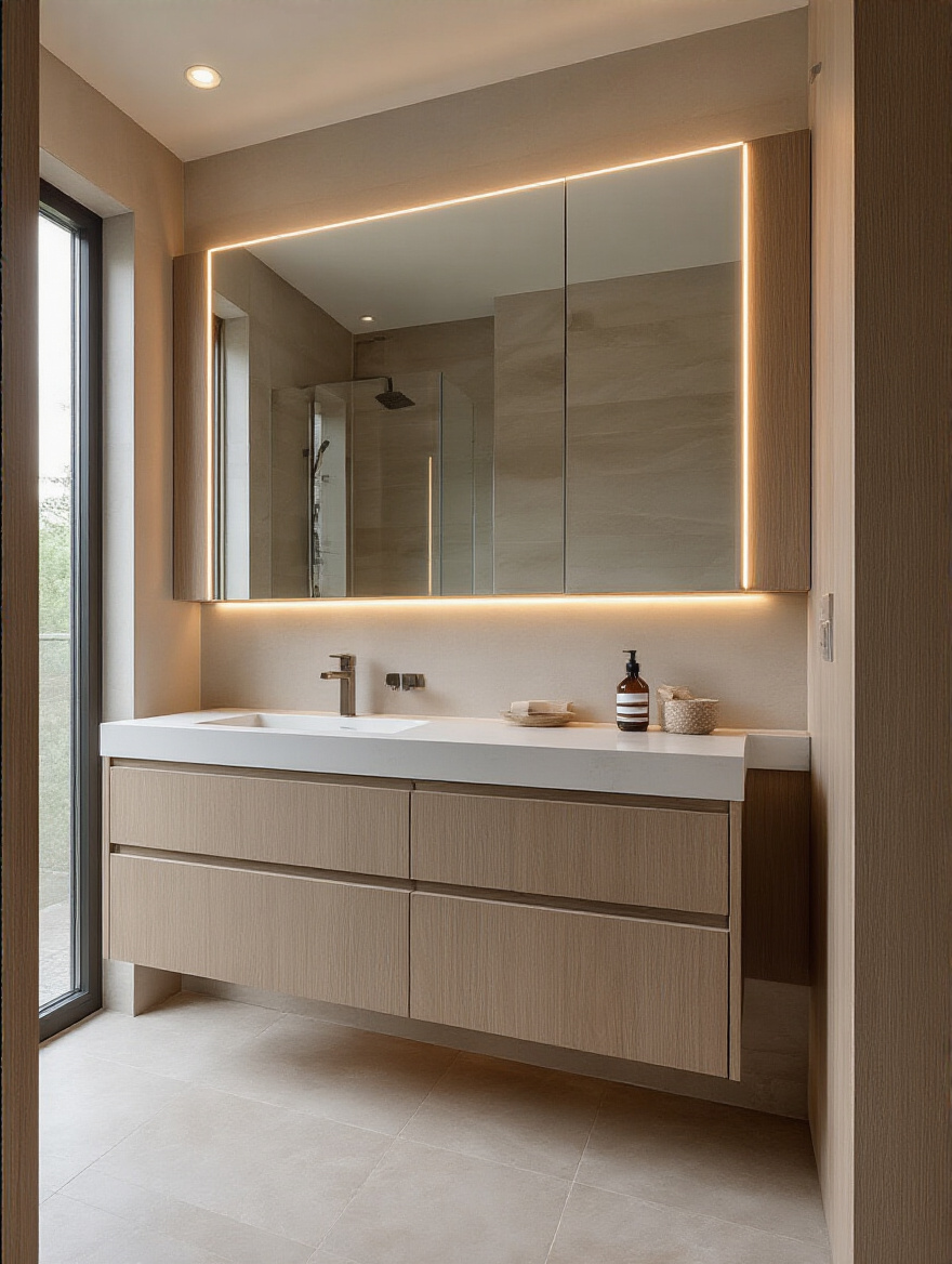 Portrait view of a modern floating vanity with integrated sink in a minimalist bathroom