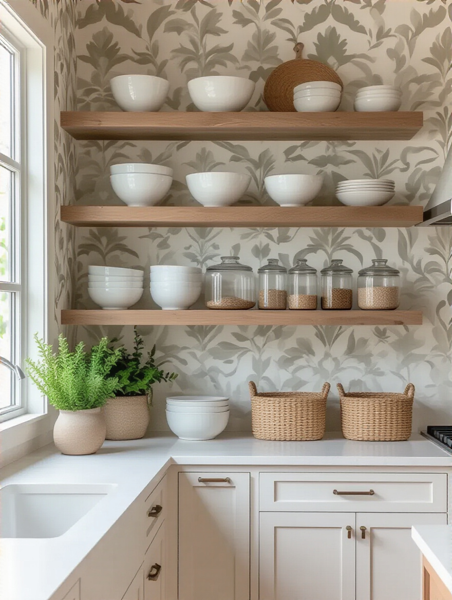 Open shelving with curated decor against bold modern kitchen wallpaper, airy and uncluttered