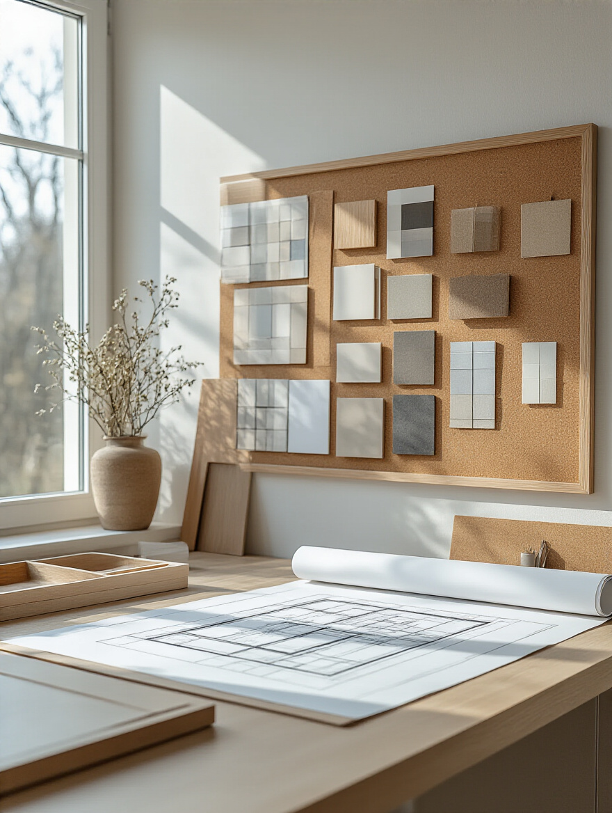 Portrait-style design workspace with plans and samples, no people.