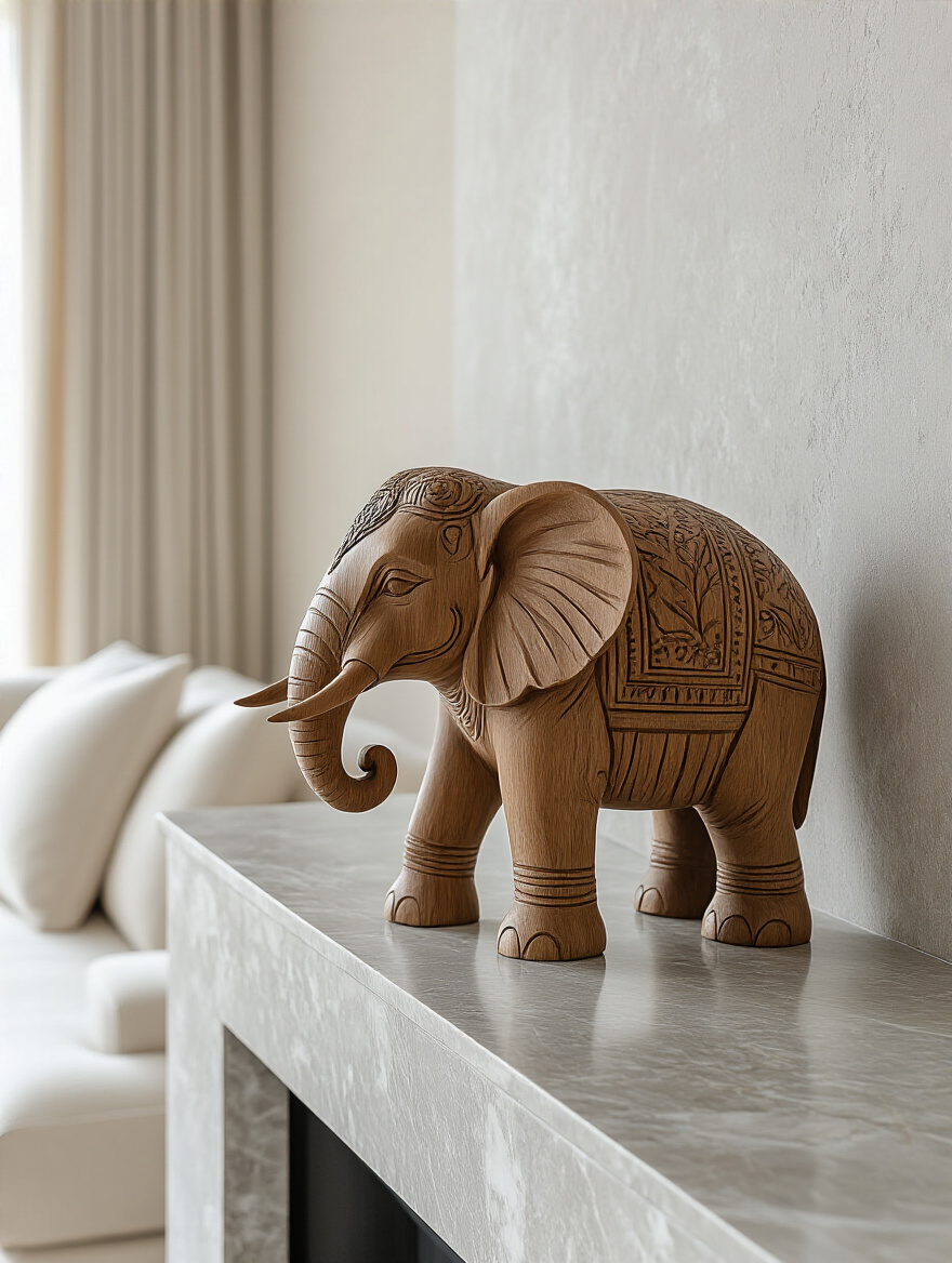 Minimalist living room with a single hand-carved wooden elephant on a marble mantelpiece, showcasing curated decor and personal touches.