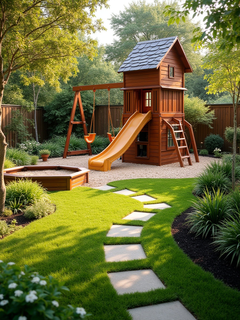 A beautifully designed backyard features a modern wooden playset with swings and a slide, a log balance beam, and a sandpit, all integrated into a lush landscape for family fun and outdoor recreation.