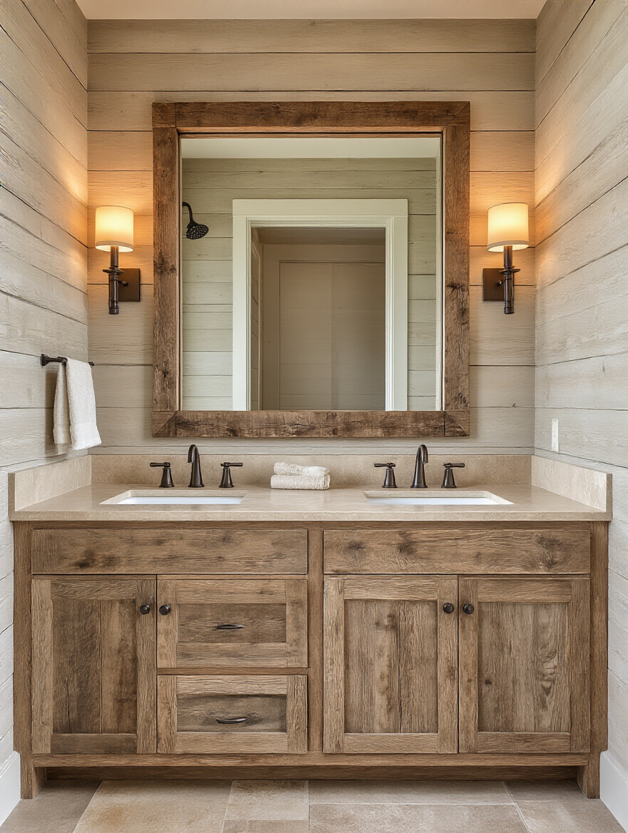 Rustic wood-framed mirror above a stone vanity in a sunlit rustic bathroom