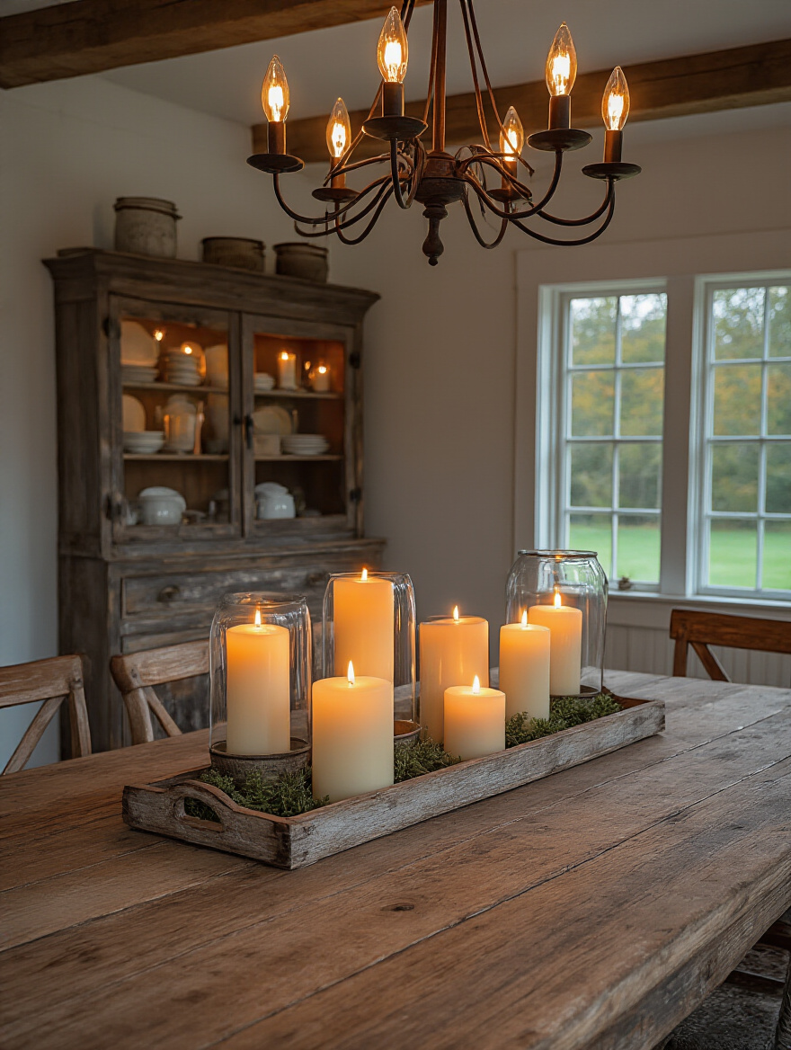 Farmhouse dining room at dusk with soft, warm lighting from candles, hurricane lanterns, and a dimmable chandelier creating a cozy ambiance.