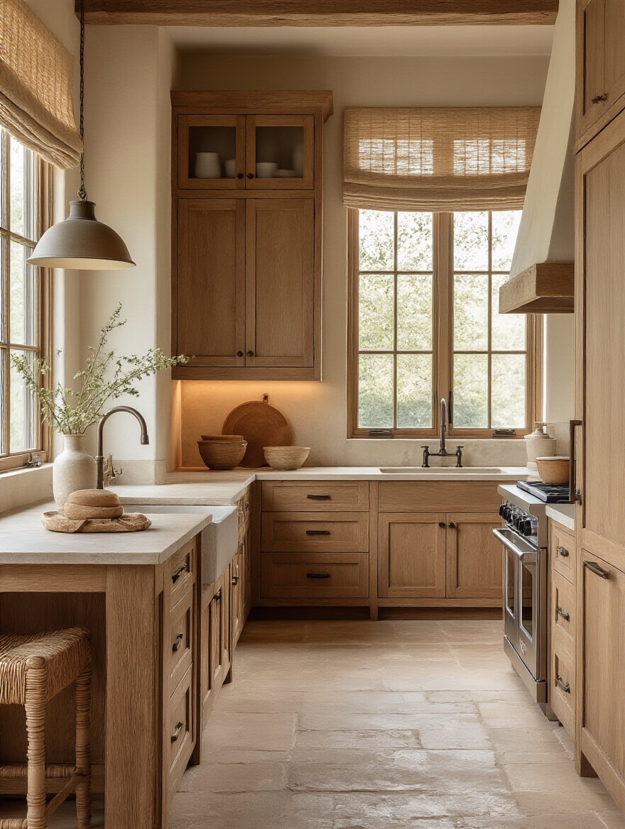 Traditional kitchen portrait highlighting rich textures: wood, stone, textiles