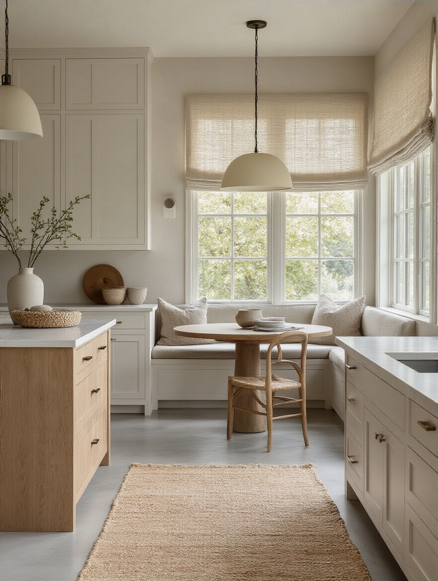 Portrait of textured textiles and a soft area rug in a modern kitchen