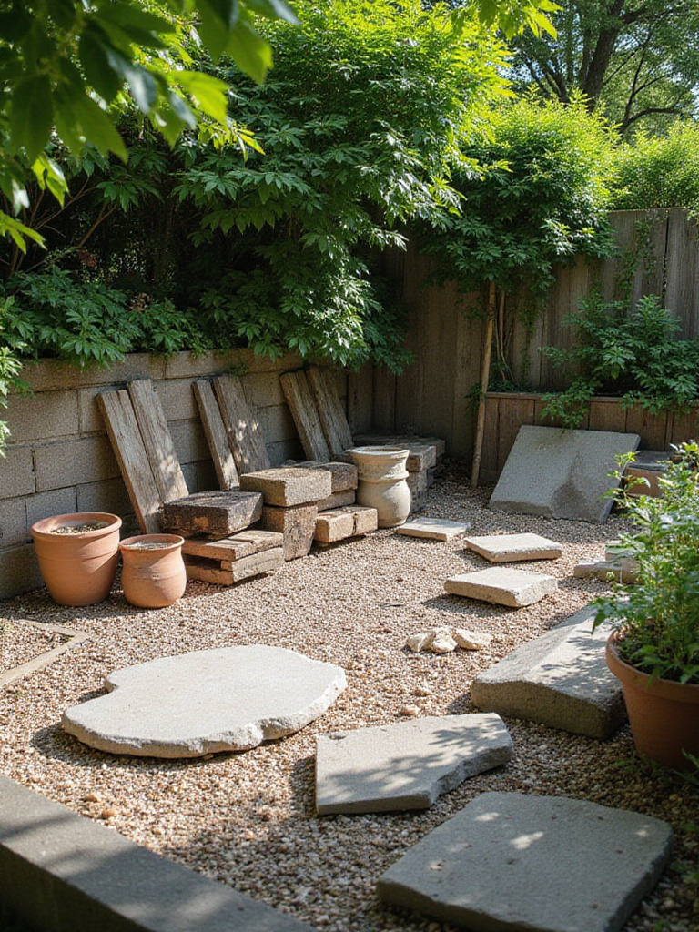 A detailed backyard scene showing a collection of repurposed landscape elements like broken concrete, old pots, and wooden planks, ready for a sustainable garden redesign.
