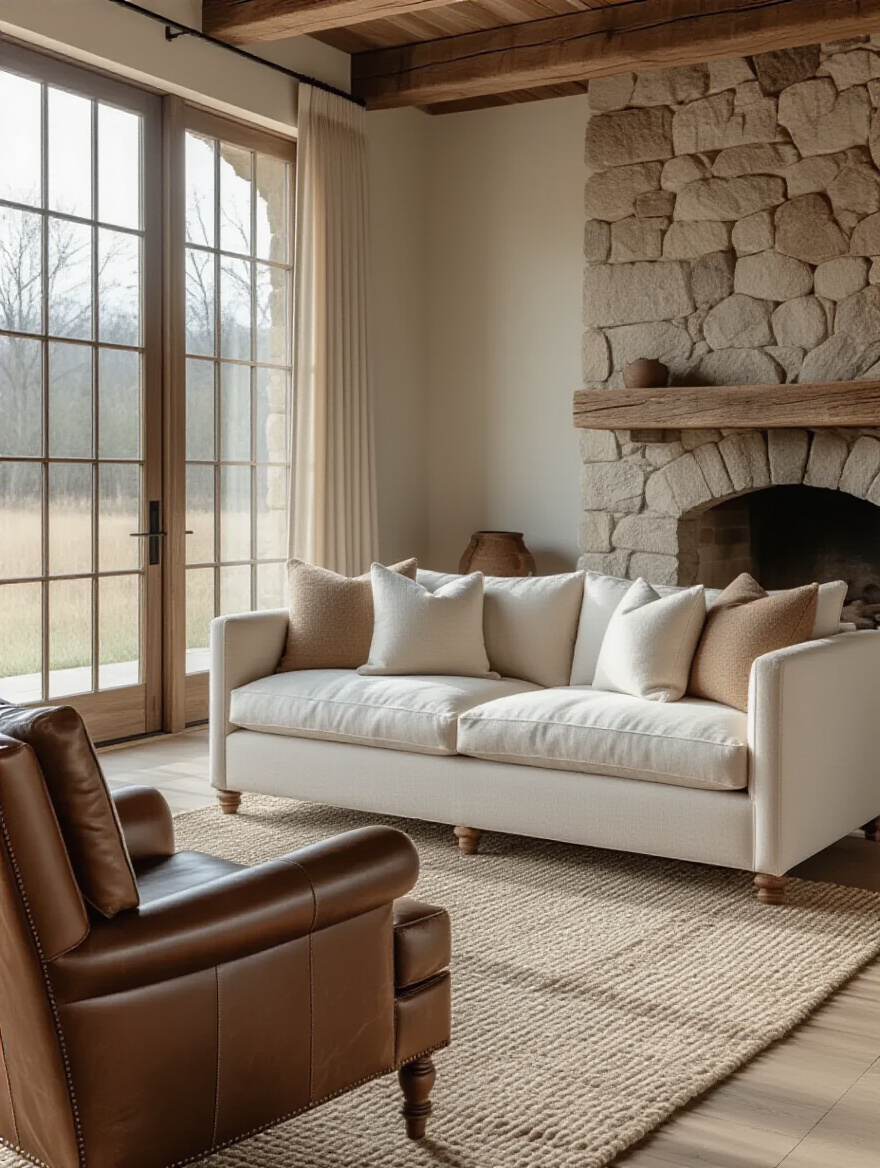 Rustic living room with natural linen sofa and distressed leather accents