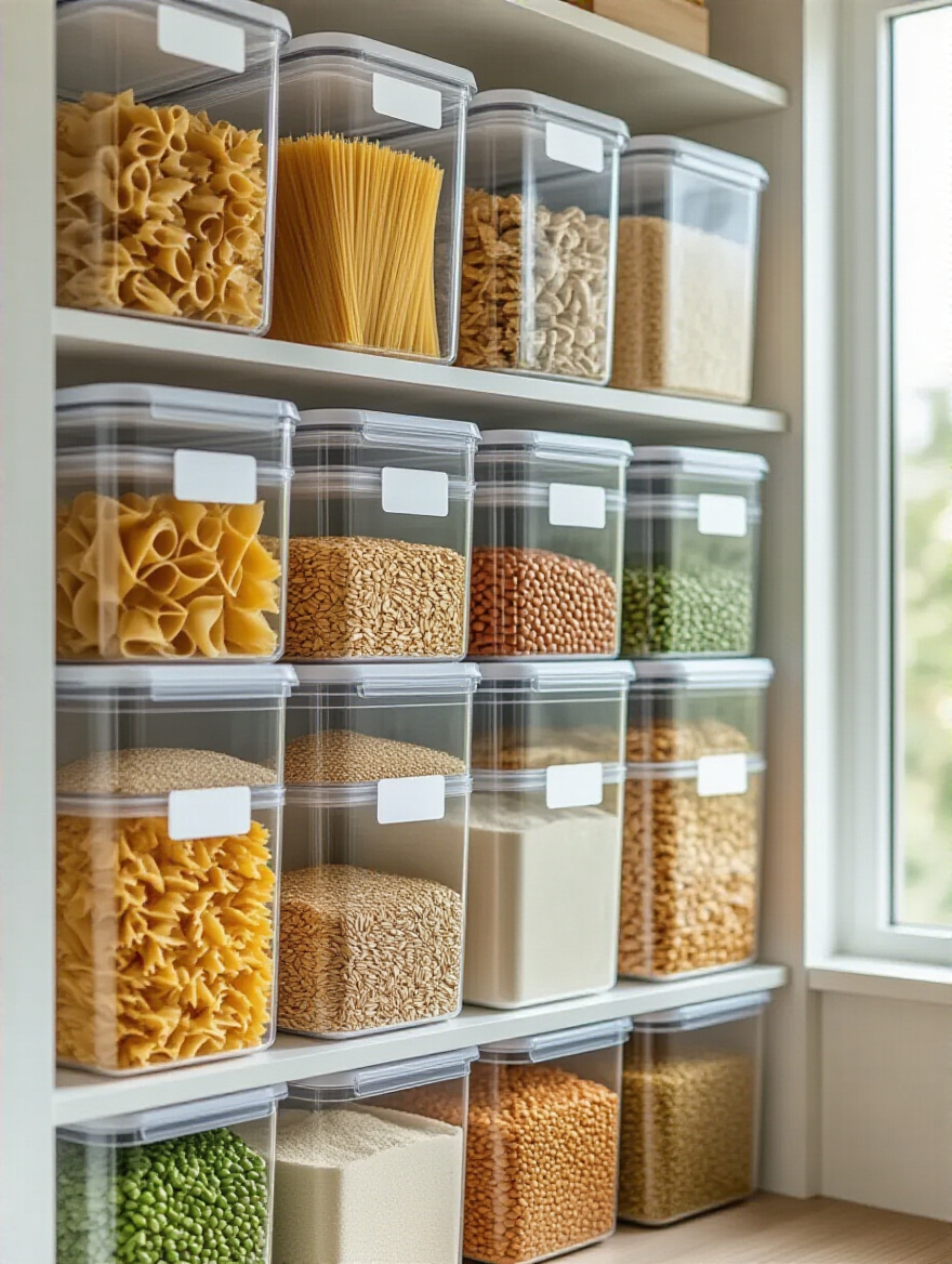 A well-organized pantry shelf featuring various clear, stackable airtight food storage containers filled with dry goods like pasta, flour, and oats.