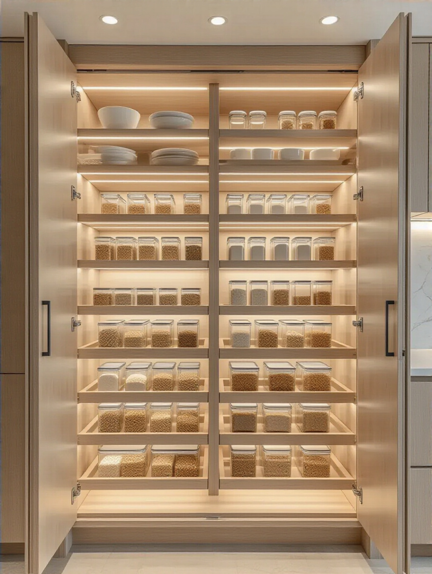 Elegant kitchen cabinet interior with high-quality wooden pull-out pantry shelves and LED lighting.