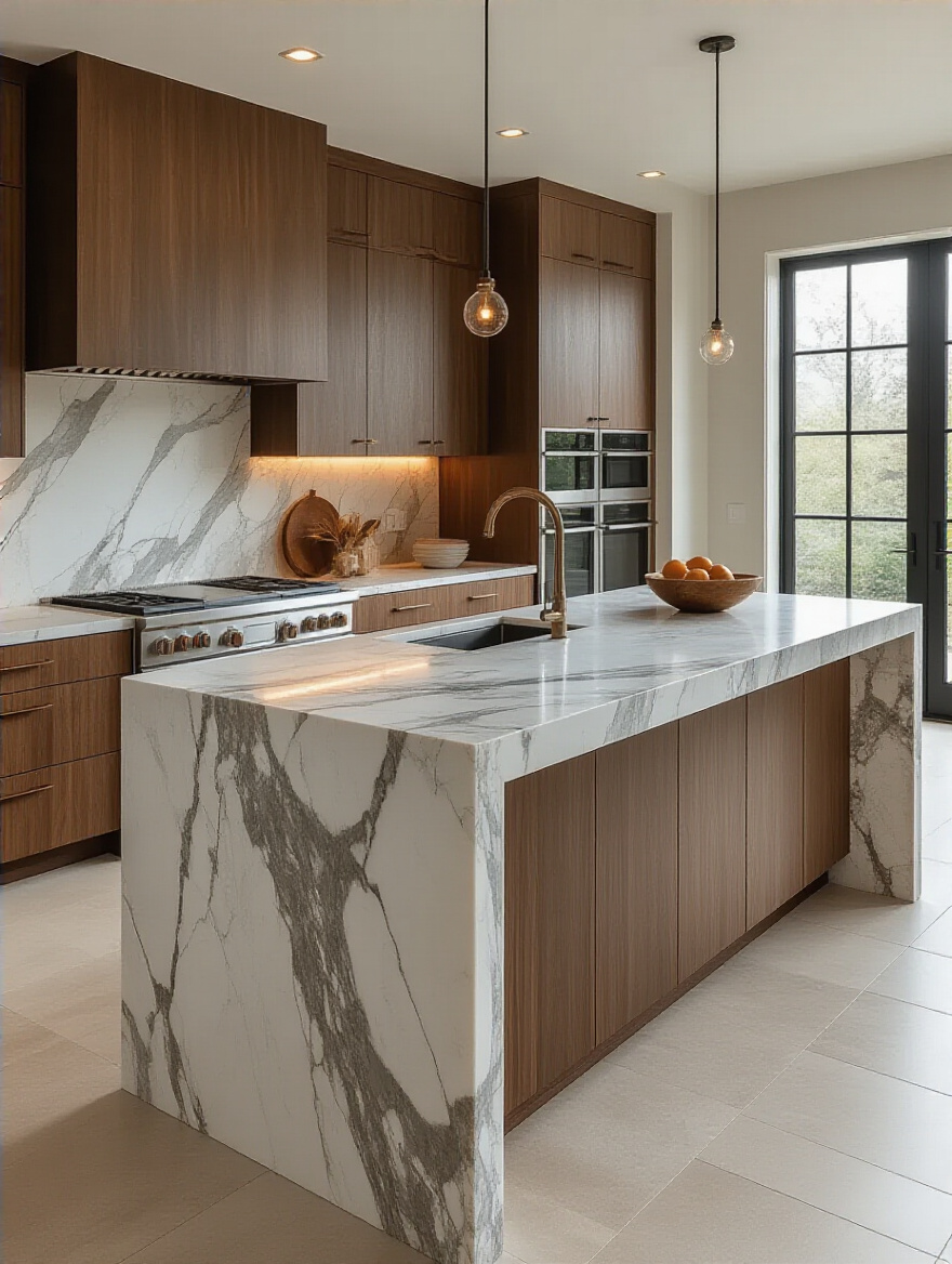 Luxurious kitchen island countertop in natural stone with exotic wood accents