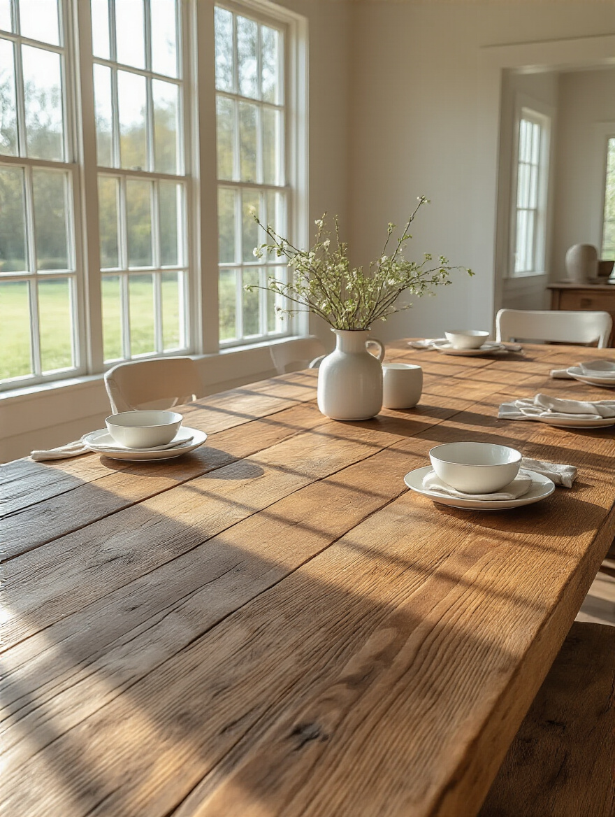 Portrait image of a solid, rustic reclaimed wood dining table with visible grain, centered in a bright, inviting farmhouse dining room with soft natural lighting and minimalist decor.