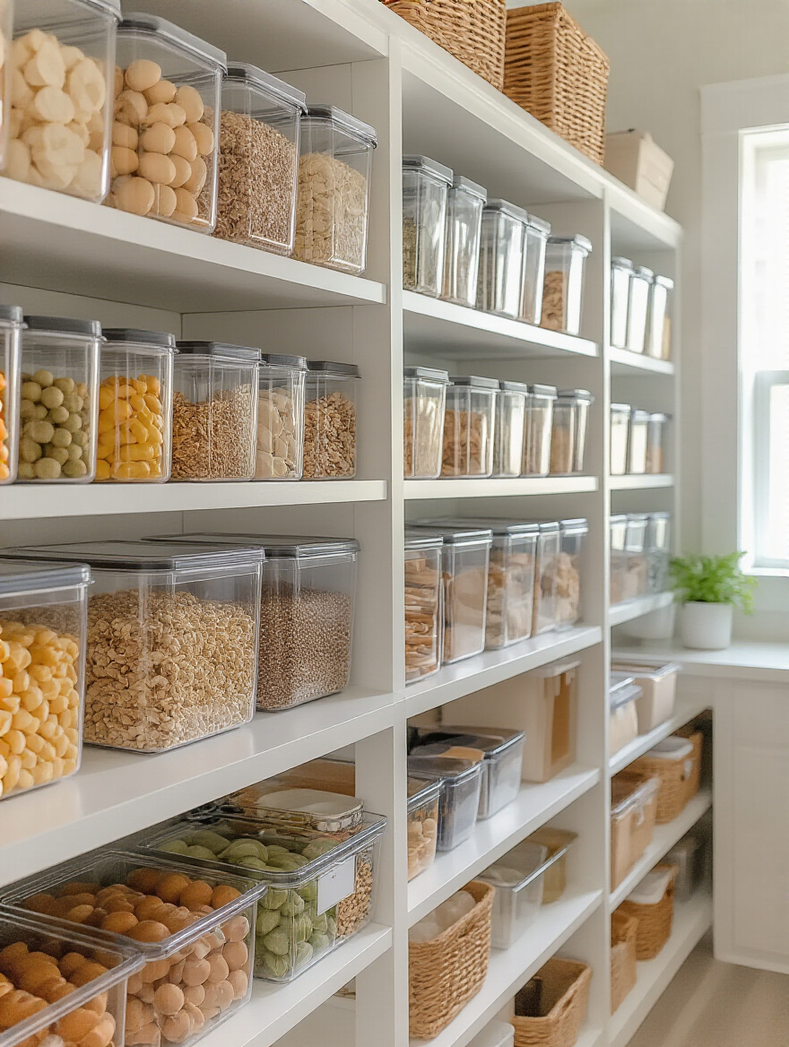 Organized kitchen pantry with labeled clear containers and implied family chore system.