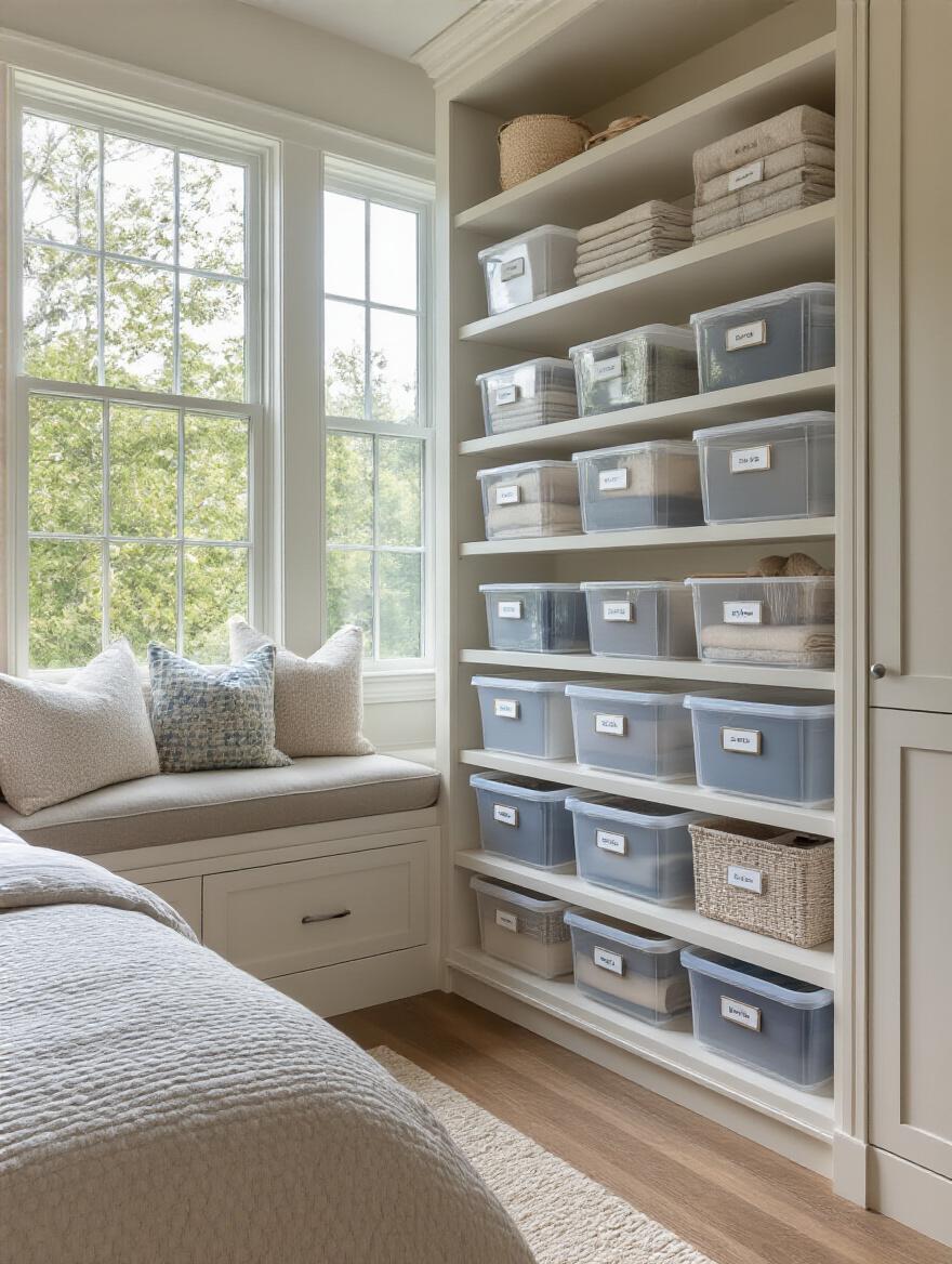 Portrait of a neatly organized bedroom shelf with labeled storage containers (icons instead of readable text)