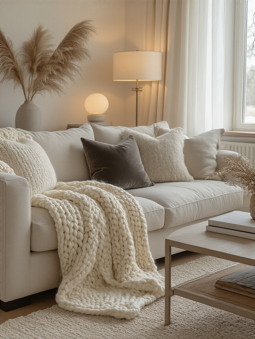 Cozy living room with layered textiles on a sofa