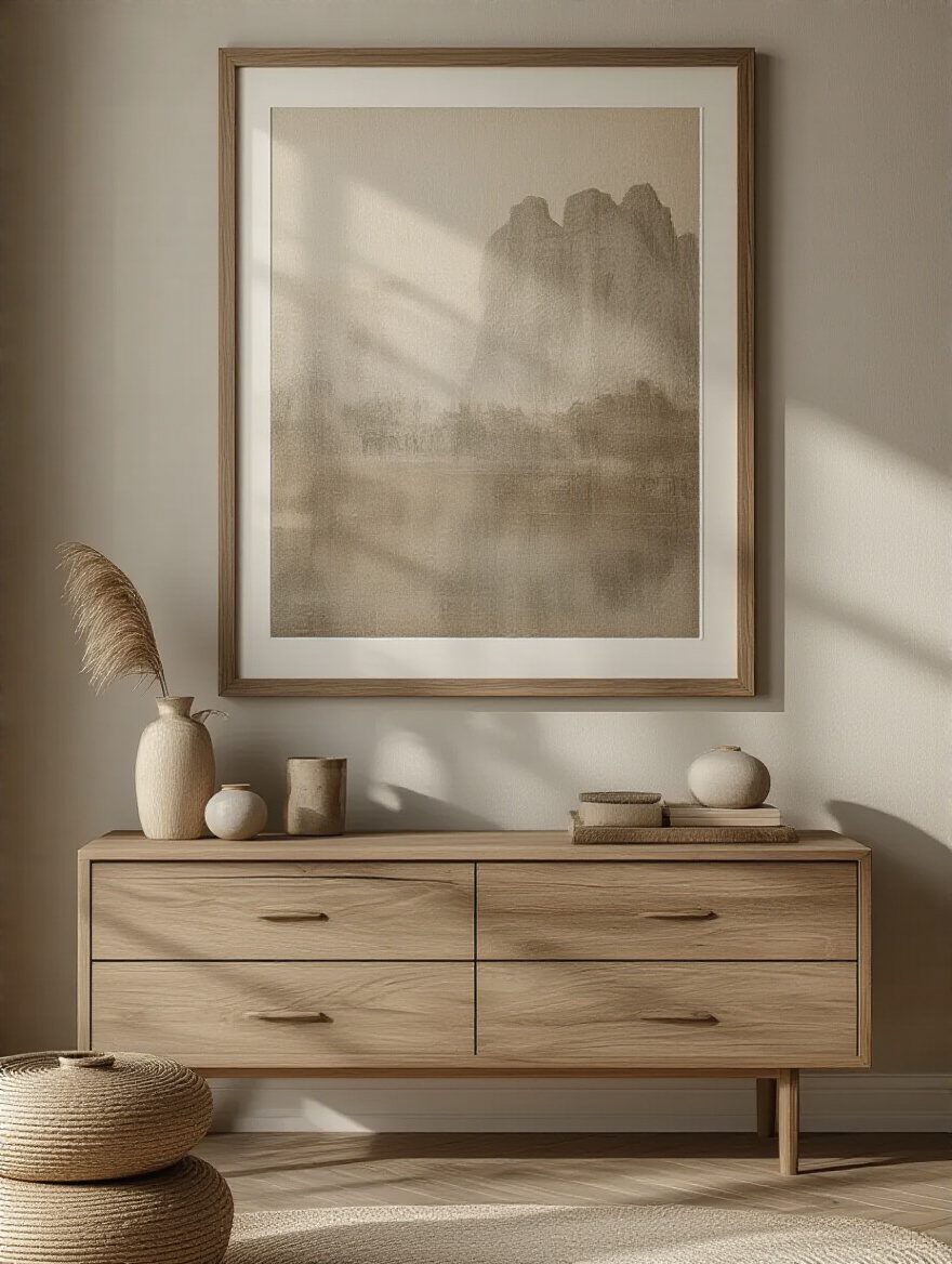 Layered art display above dresser creating depth