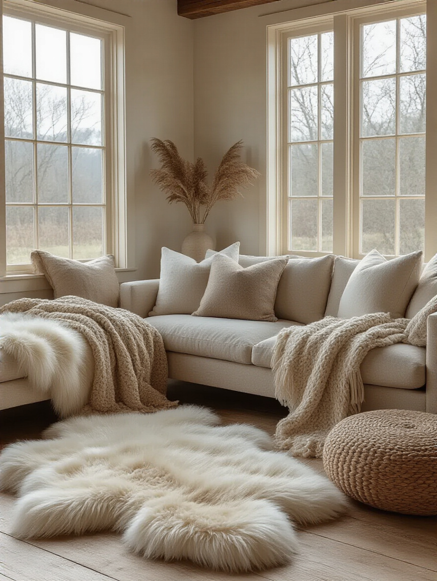 Rustic living room layered with wool throws, linen cushions, and faux fur rug