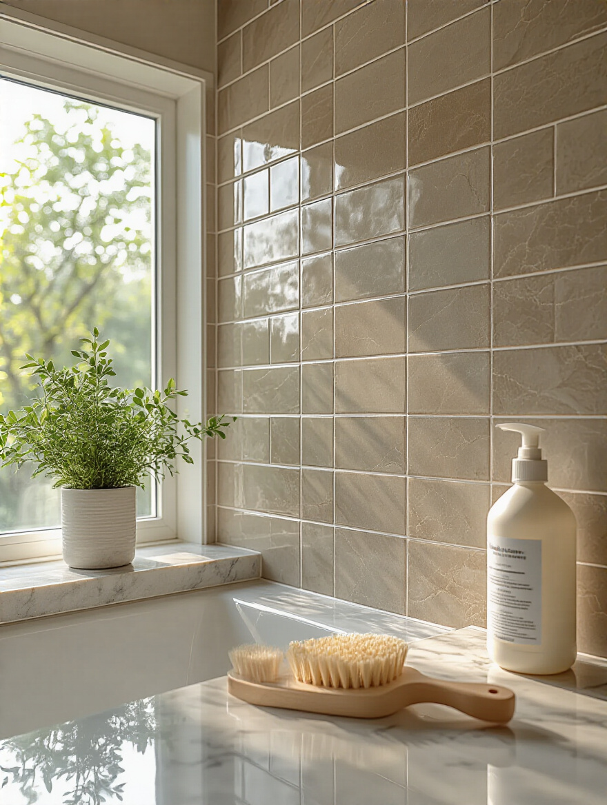Portrait of a pristine bathroom tile wall with gleaming grout and cleaning tools