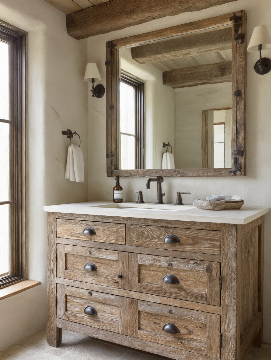 Close-up of distressed wood vanity with patinated metal finishes in a rustic bathroom