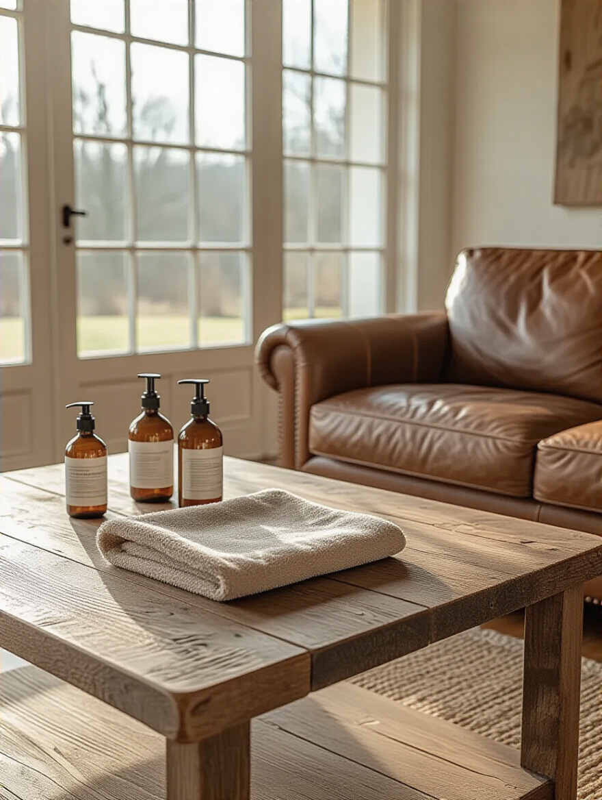Portrait of rustic living room showing wood and leather care scene
