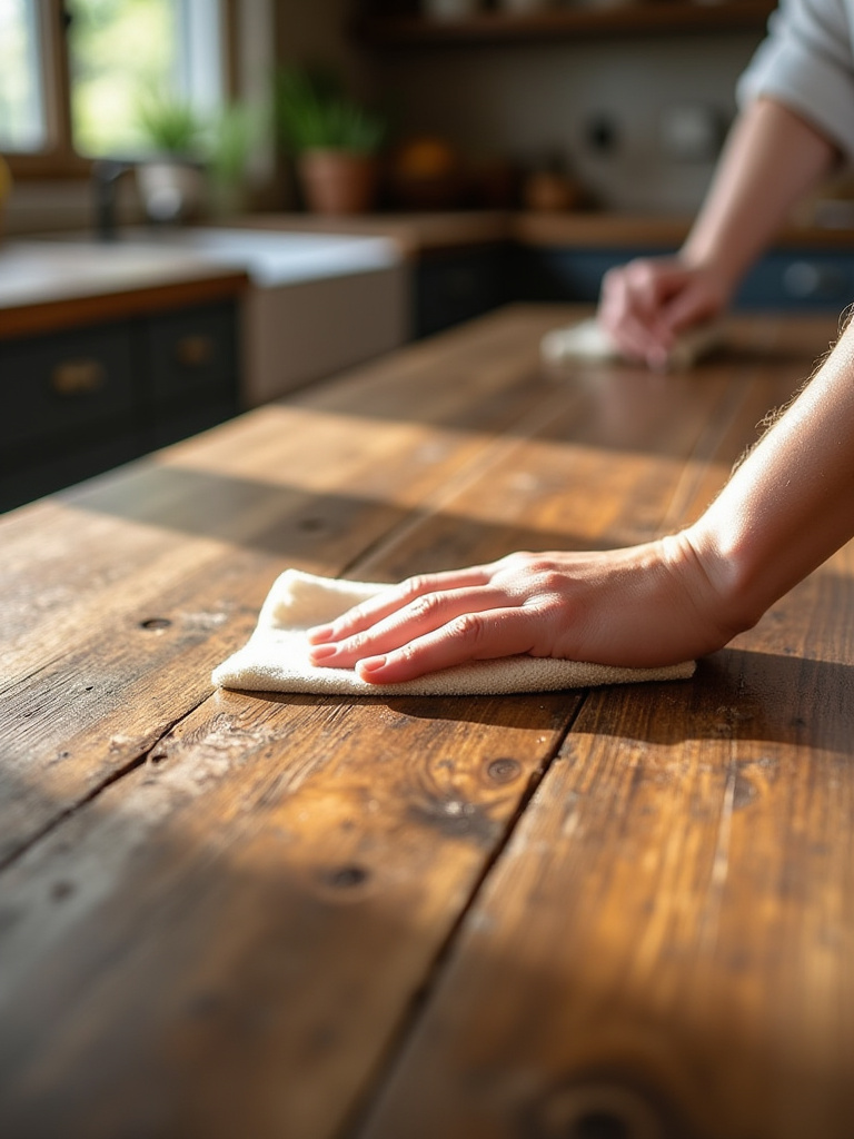 Close-up of a rustic wooden kitchen island surface being gently wiped clean with a microfiber cloth, highlighting its natural texture and distressed finish.