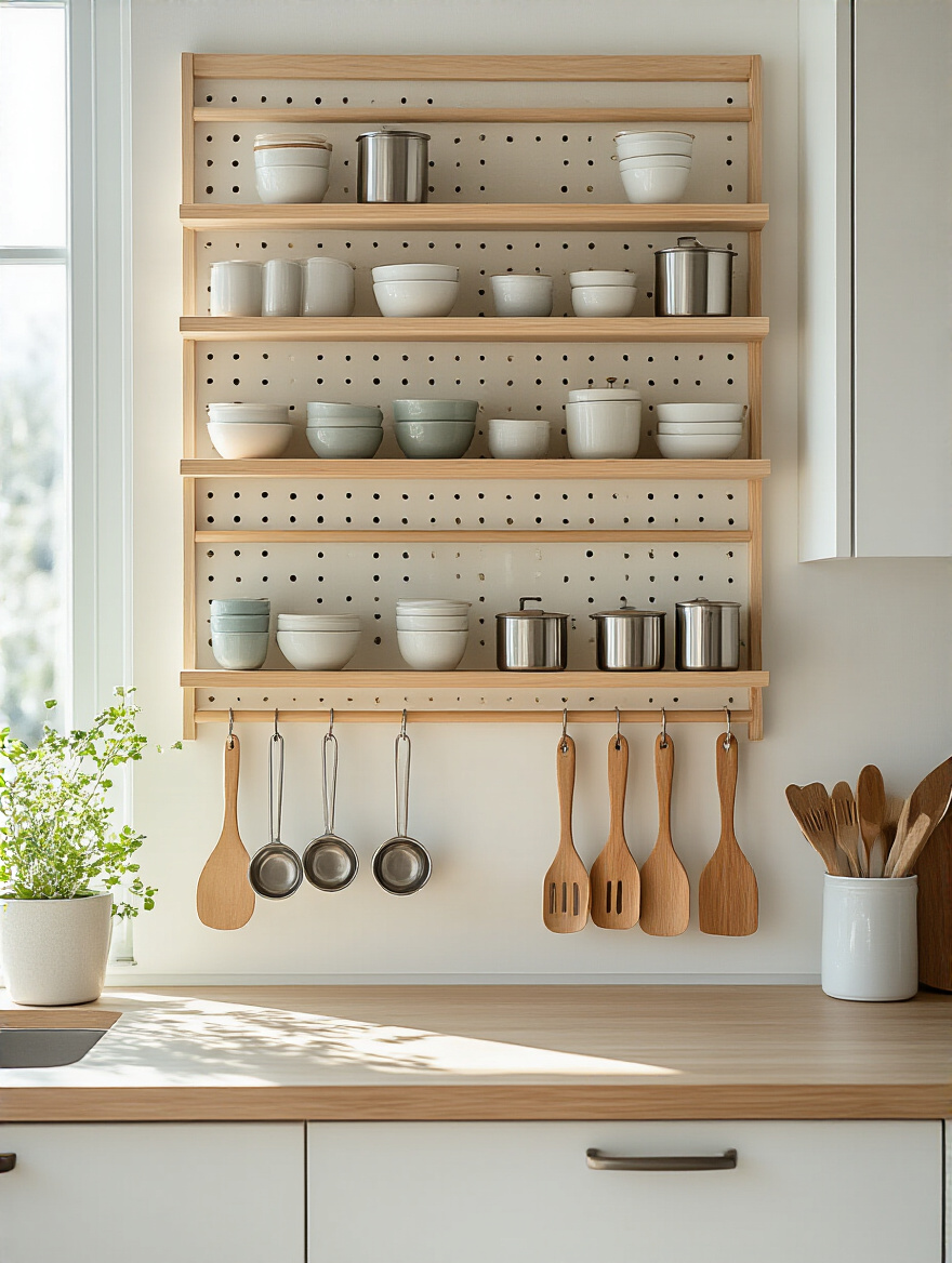 Vertical storage solution in a small kitchen featuring a stylish wooden pegboard organized with kitchen utensils and small cutting boards on a white wall.