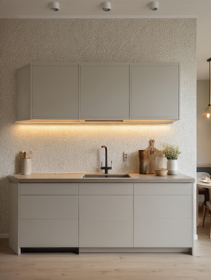 Portrait of a modern kitchen wallpaper with grazing lighting highlighting texture