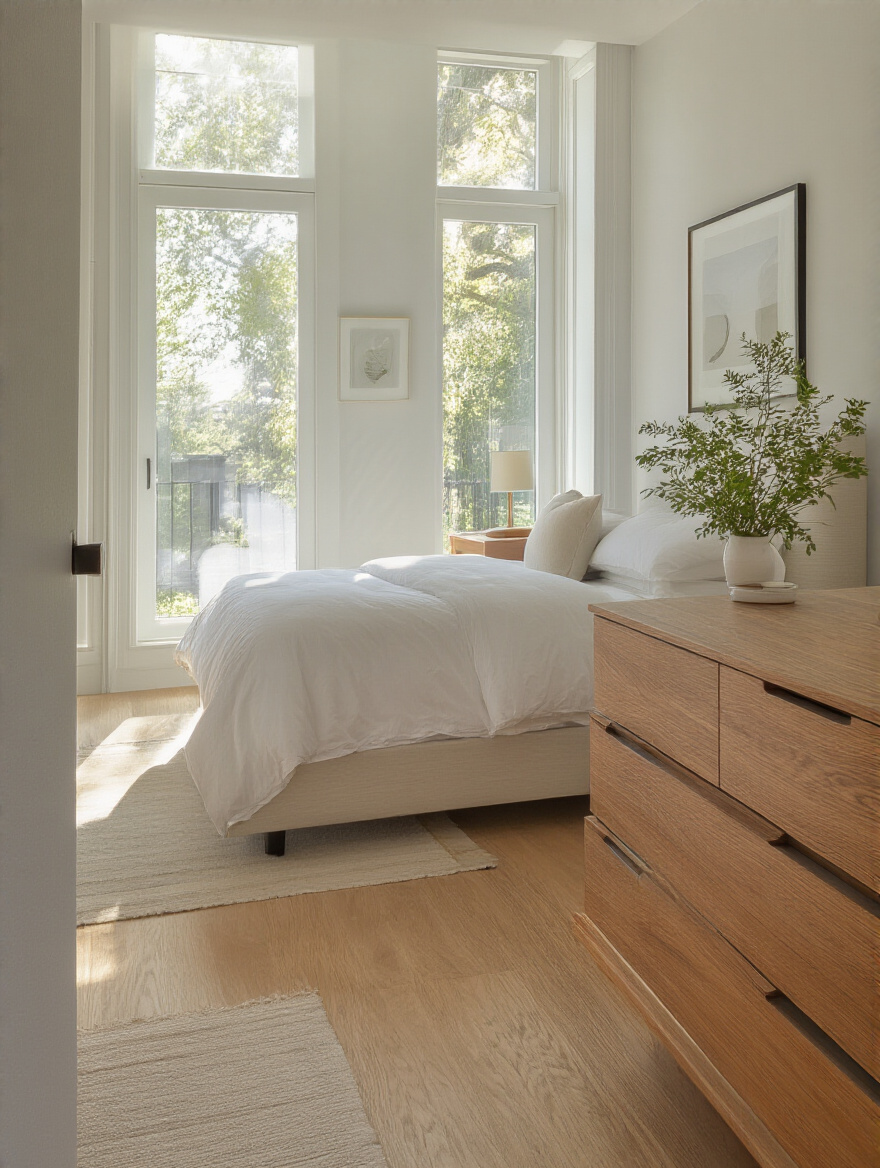 Bedroom interior showing clear, wide walkways between a bed, nightstand, and dresser, demonstrating optimal furniture clearance and spacious layout.