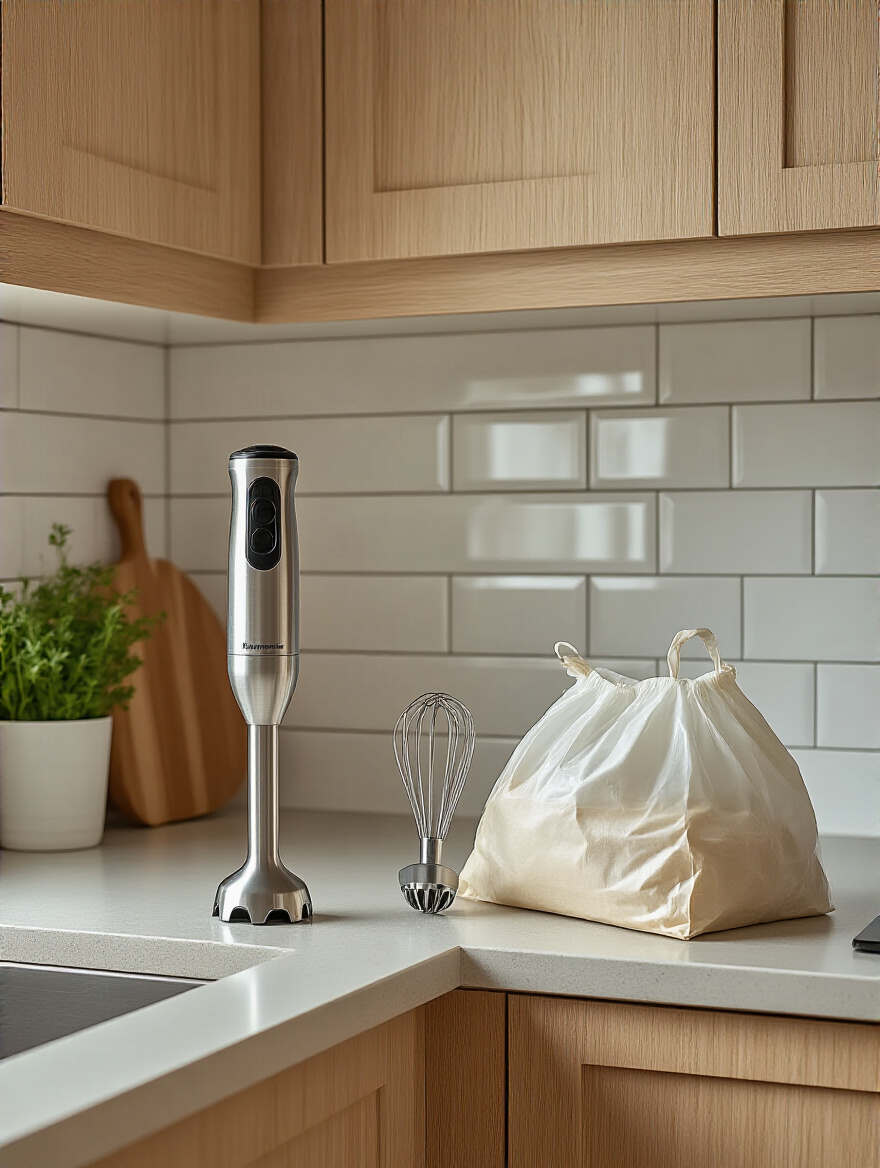Image depicting a small kitchen counter with a new immersion blender and an older hand mixer being prepared for donation, illustrating a 'one in, one out' policy for kitchen gadget organization.