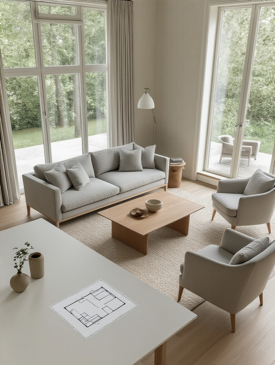 A beautifully arranged serene living room with an open furniture layout, illustrating excellent traffic flow. The space features a light-colored sofa, a minimalist coffee table, and armchairs, with soft natural light. A subtle, clean floor plan diagram is on a desk in the background.