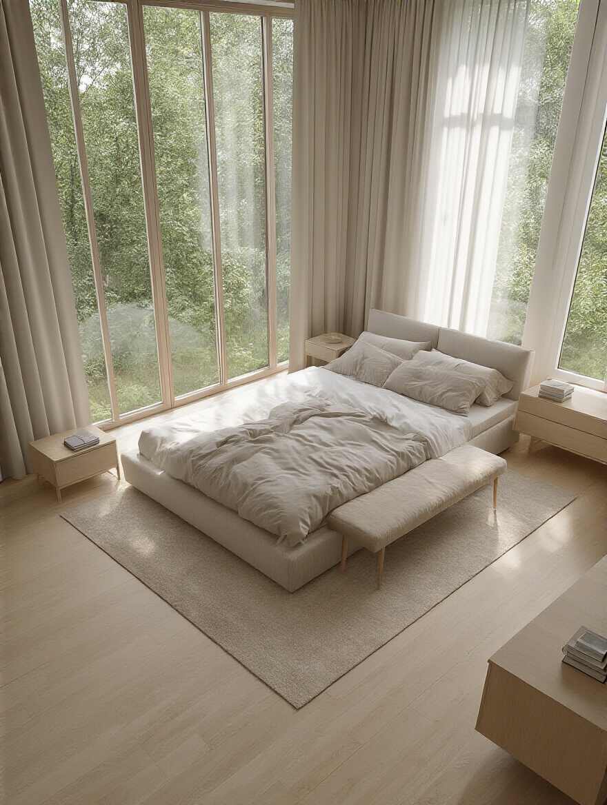 Bedroom interior with minimalist furniture arranged to create clear, wide traffic pathways, showing effortless movement and an organized layout. Polished light wood floor with ample space between bed, nightstands, and dresser.