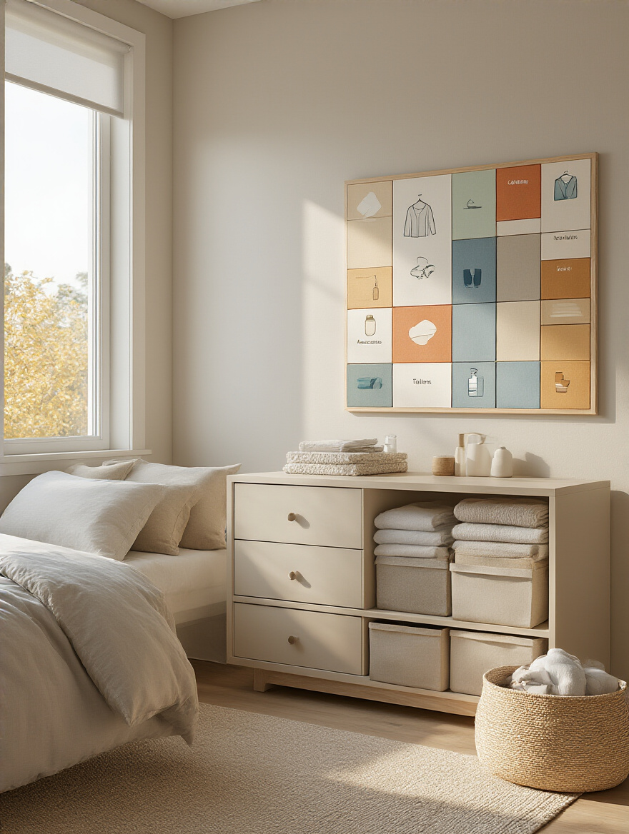 Vertical bedroom with a color-coded storage map on the wall