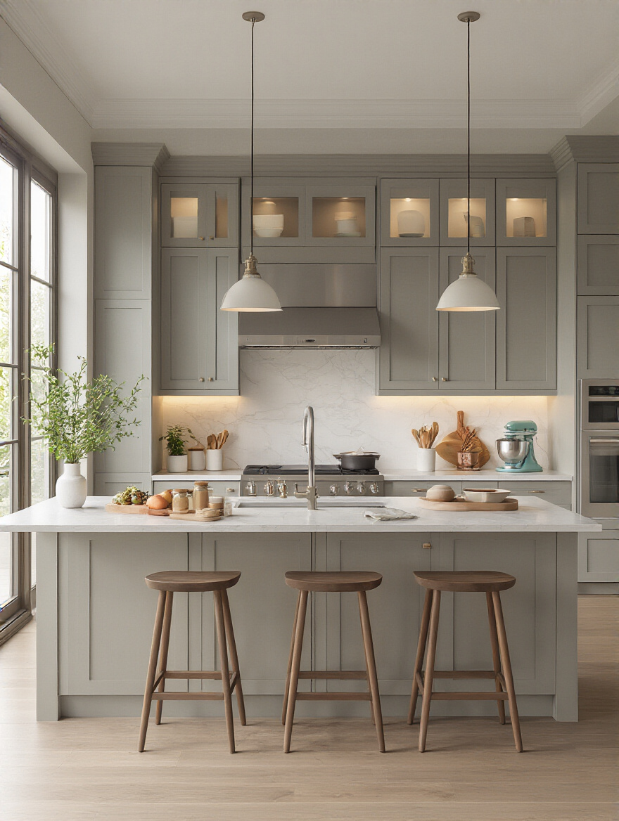 Portrait of a modern kitchen showing zoning zones for storage, prep, cooking, baking, and cleaning with color-coded overlays