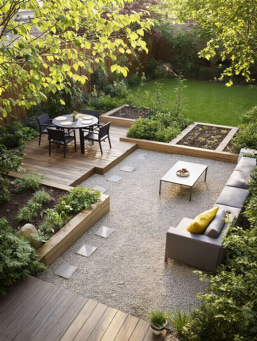 Defined backyard zoning layout with distinct zones in a sunlit yard