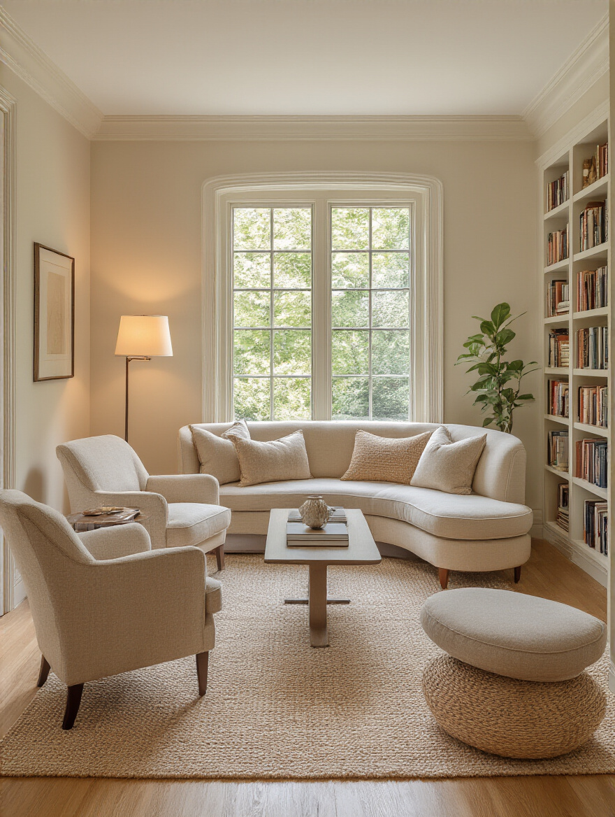 Cozy living room portrait view showing three distinct zones for reading, conversation, and lounging in warm light