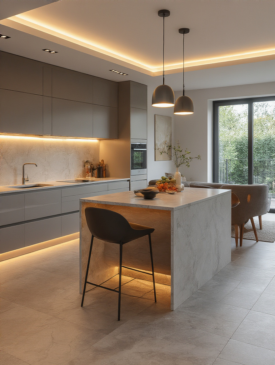 Portrait of a modern kitchen showcasing layered Kelvin lighting with warm and cool tones