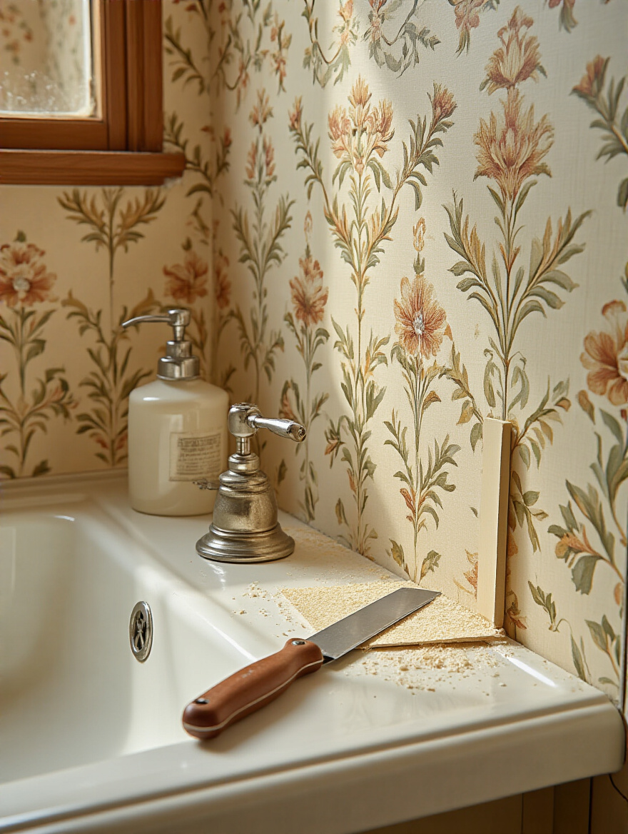 Precise trimming around corners and fixtures in vintage bathroom wallpaper