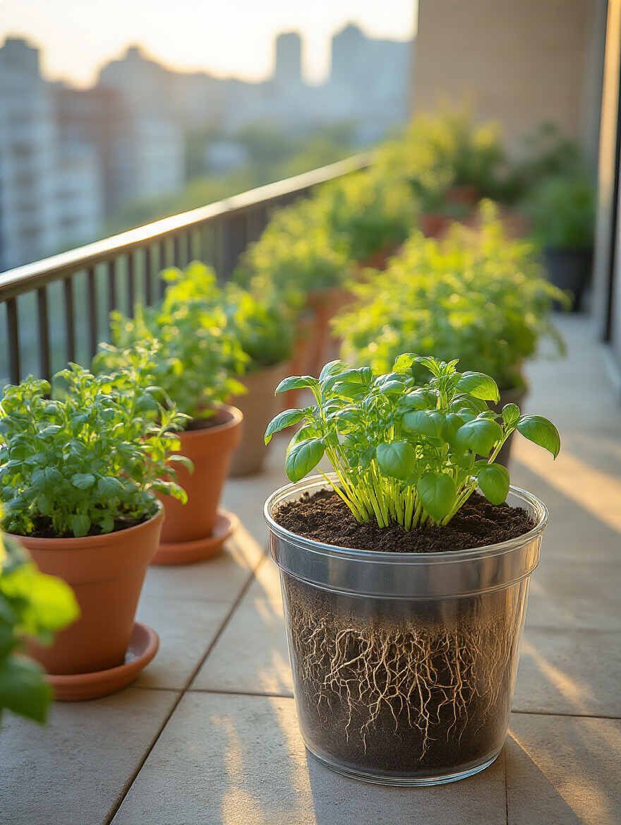 Portrait of a balcony garden with robust root development visible in a clear pot.