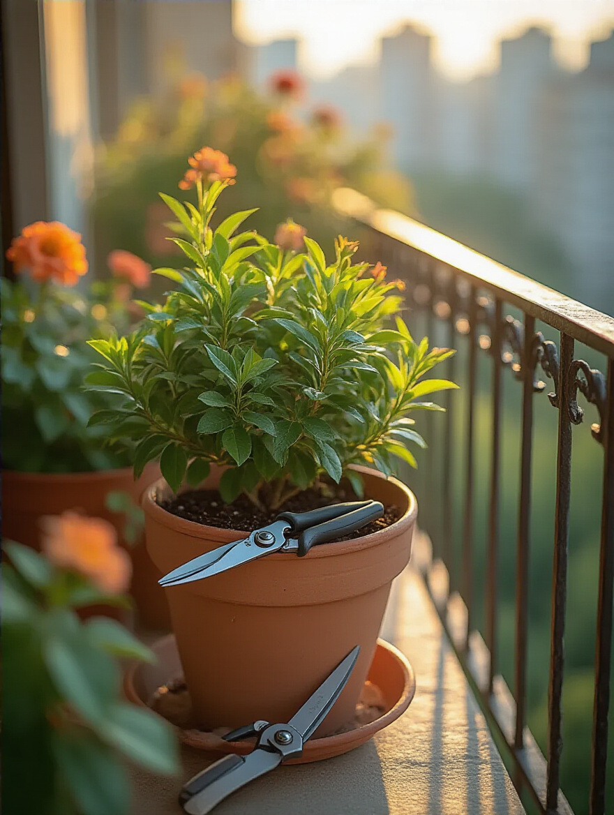 Portrait scene of balcony pruning techniques with pruning tools and a pruned plant on a sunny balcony